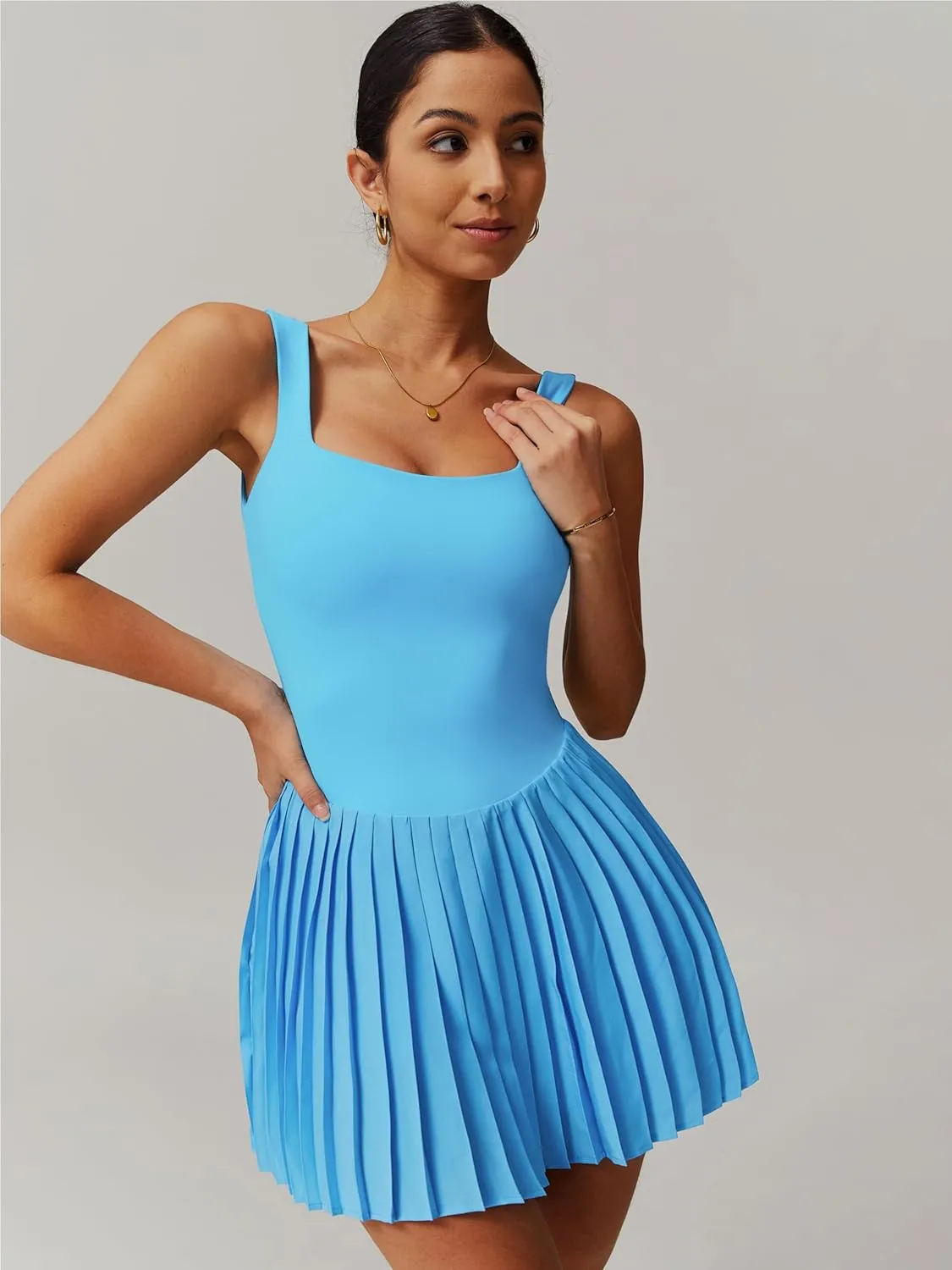 ABOCIW Womens Square Neck Tennis Dress Built in Shorts Pleated Backless Golf Athletic Dress with Pockets