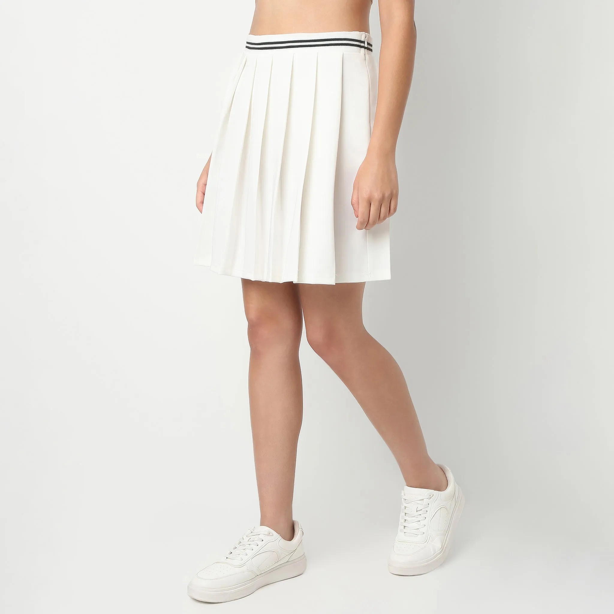 Above Knee High Rise Flared Pleated Skirt