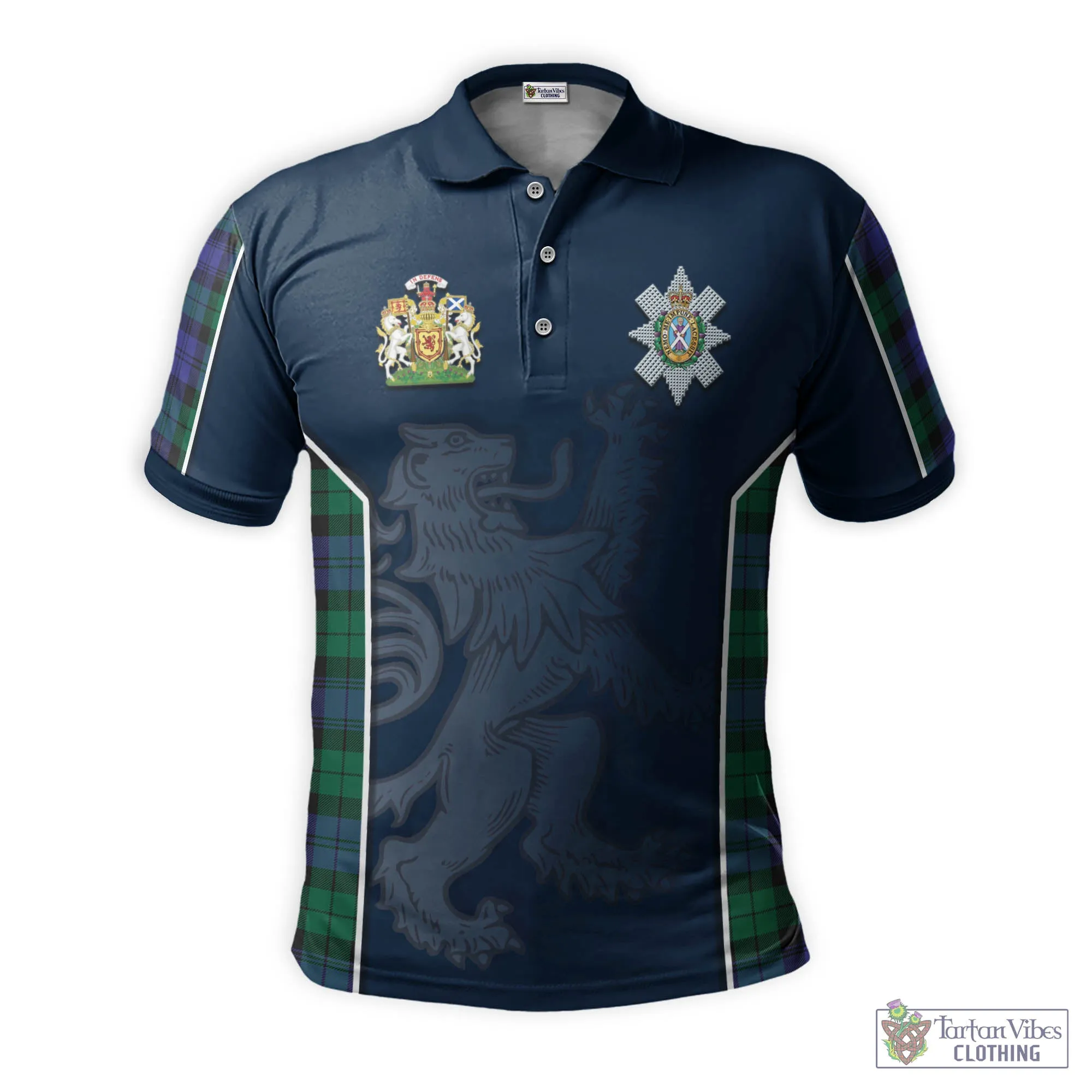 Black Watch Modern Tartan Men's Polo Shirt with Family Crest and Lion Rampant Vibes Sport Style