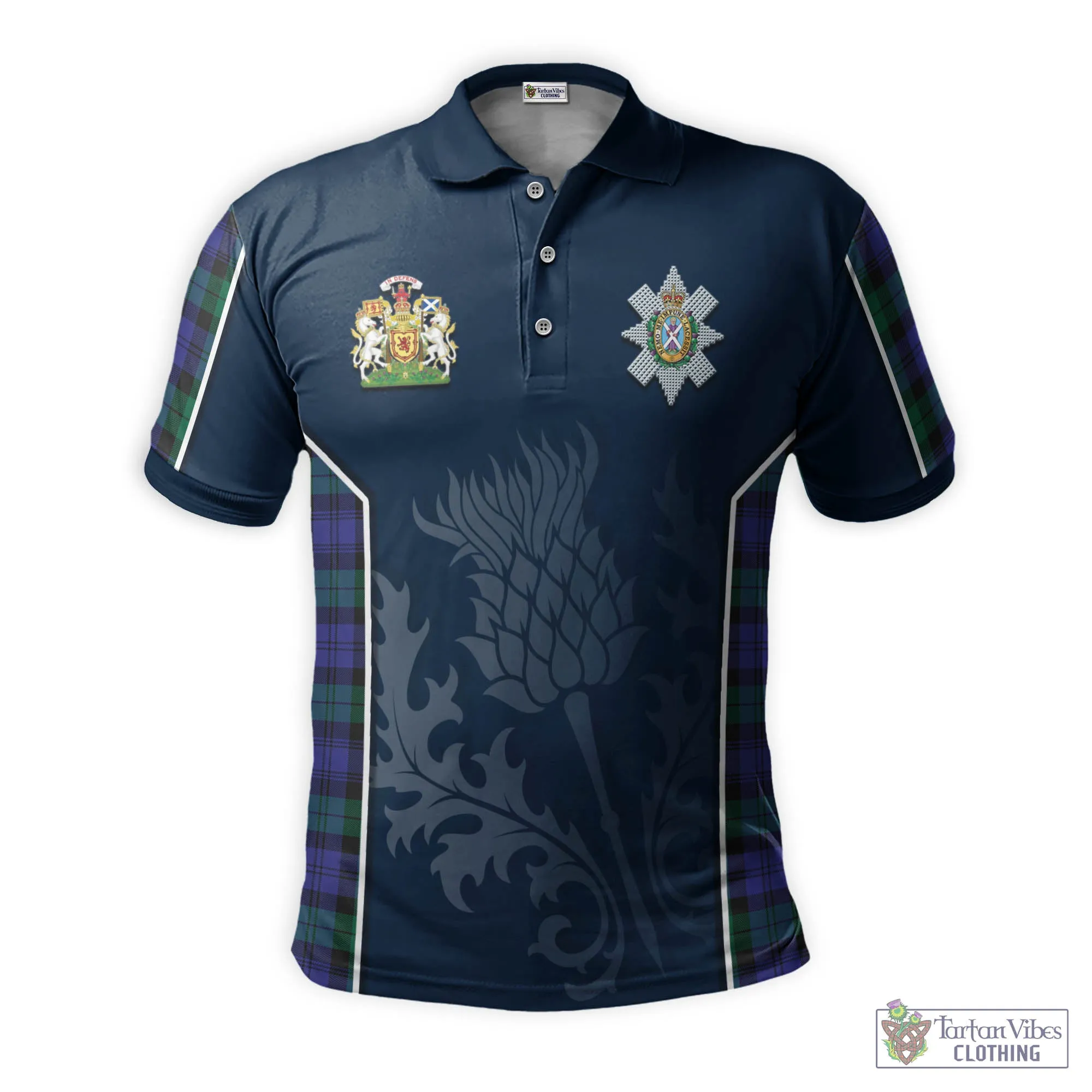 Black Watch Modern Tartan Men's Polo Shirt with Family Crest and Scottish Thistle Vibes Sport Style