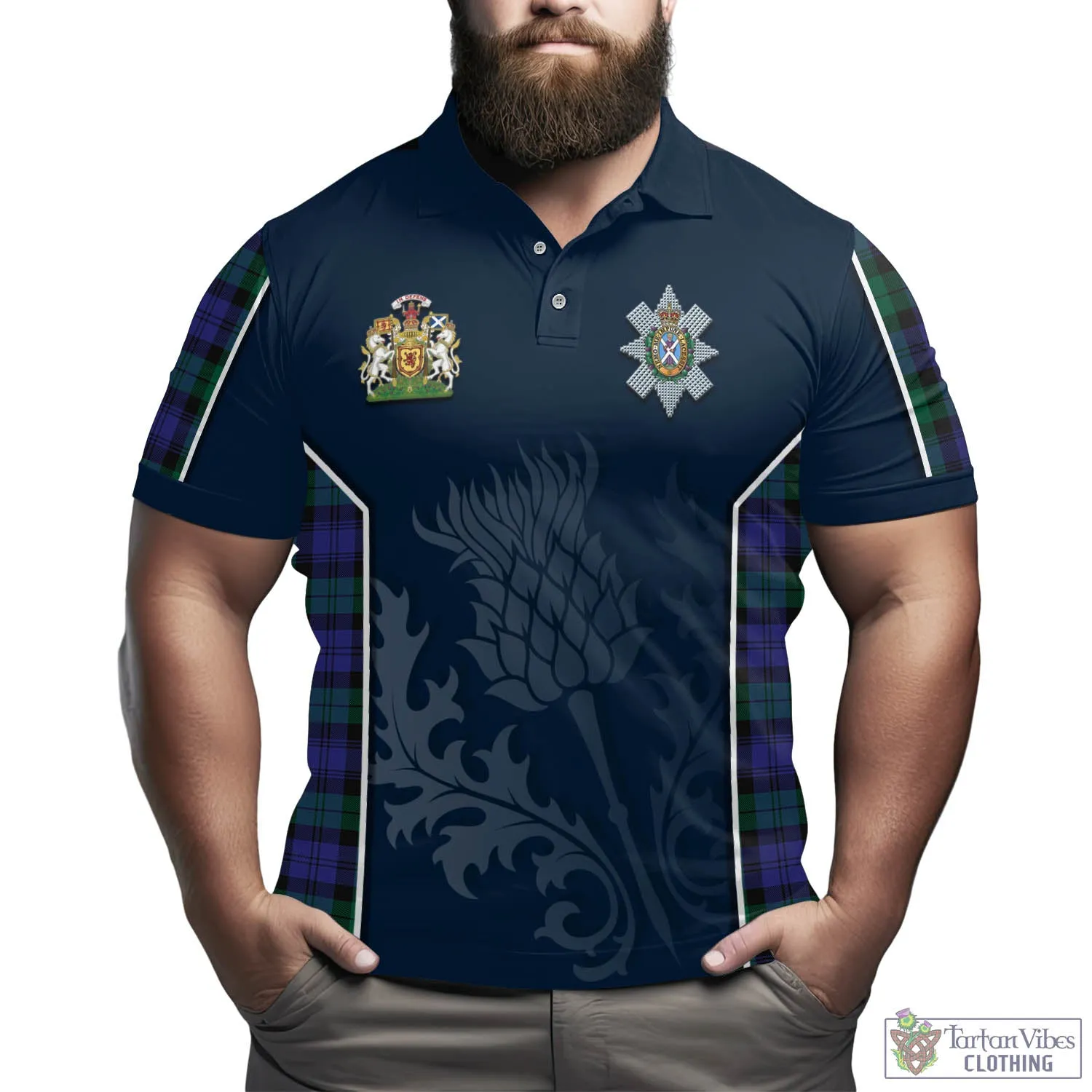 Black Watch Modern Tartan Men's Polo Shirt with Family Crest and Scottish Thistle Vibes Sport Style