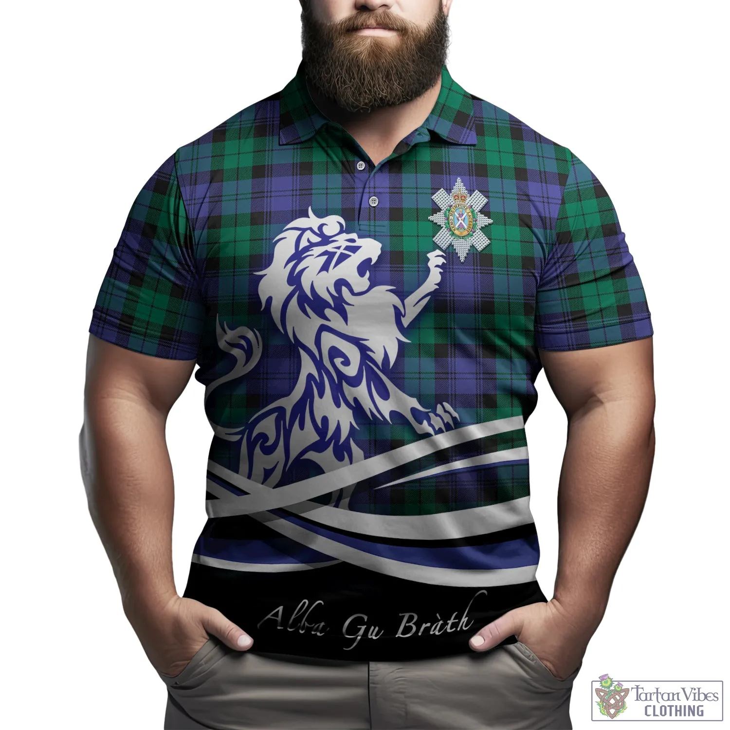 Black Watch Modern Tartan Polo Shirt with Alba Gu Brath Regal Lion Emblem