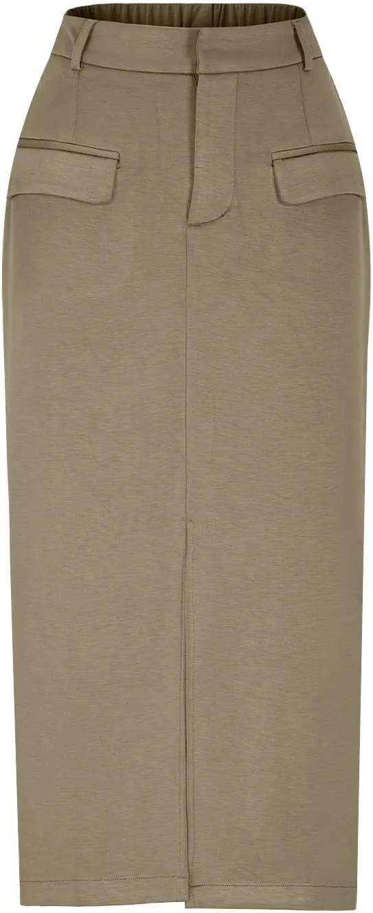 Cargo Skirts for Women High Waisted Midi Skirt Trendy Spring Summer Pencil Slit Dressy Casual Business Work Long Skirts
