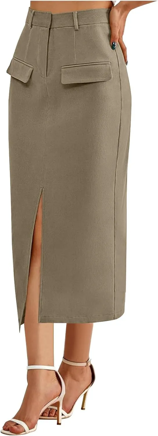 Cargo Skirts for Women High Waisted Midi Skirt Trendy Spring Summer Pencil Slit Dressy Casual Business Work Long Skirts