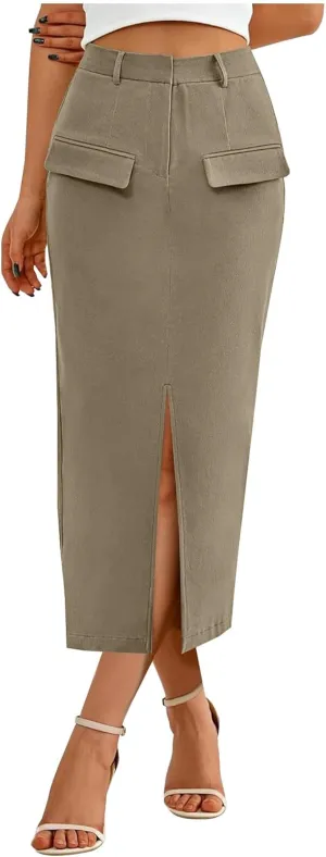 Cargo Skirts for Women High Waisted Midi Skirt Trendy Spring Summer Pencil Slit Dressy Casual Business Work Long Skirts