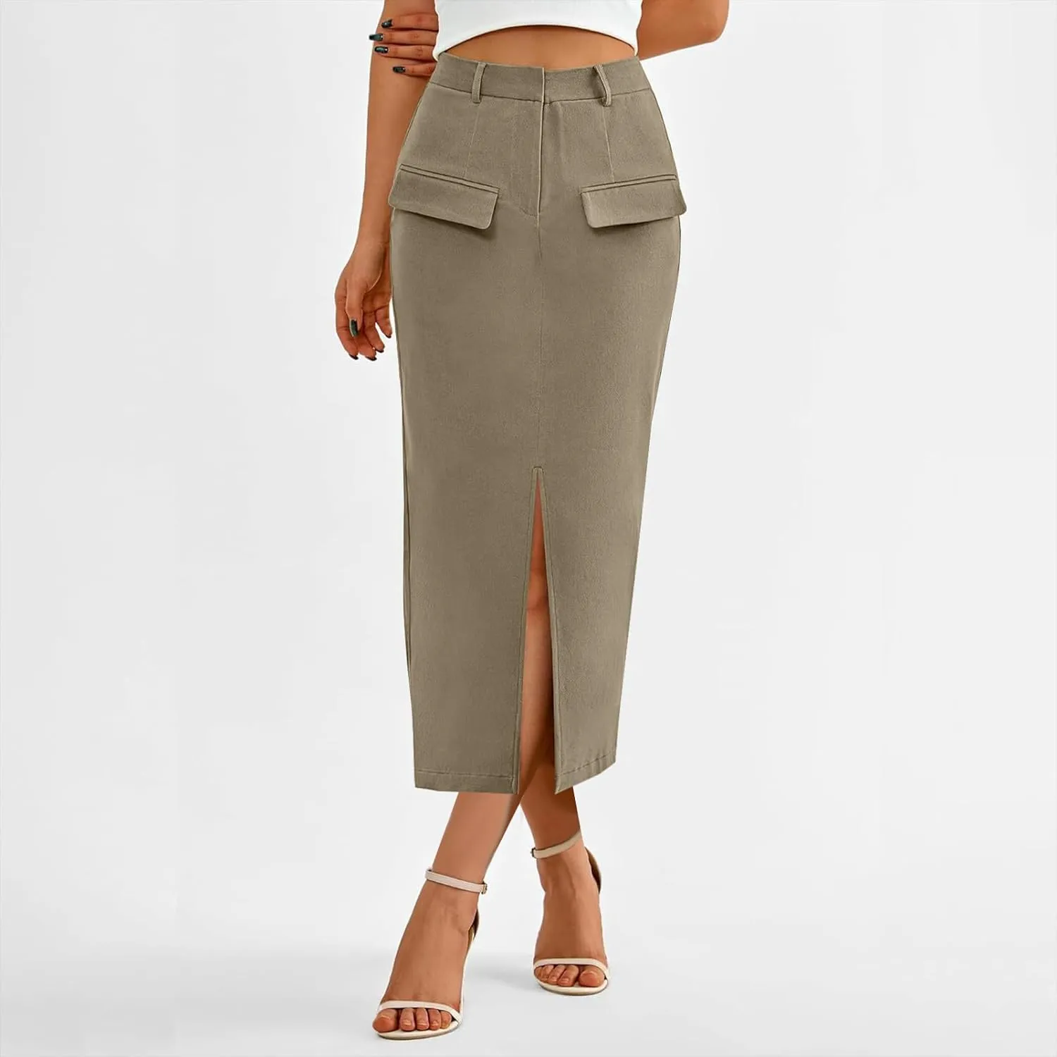 Cargo Skirts for Women High Waisted Midi Skirt Trendy Spring Summer Pencil Slit Dressy Casual Business Work Long Skirts
