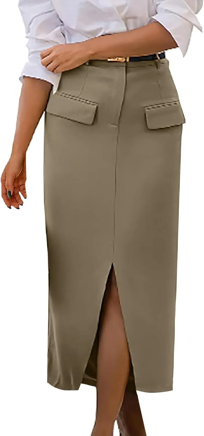 Cargo Skirts for Women High Waisted Midi Skirt Trendy Spring Summer Pencil Slit Dressy Casual Business Work Long Skirts