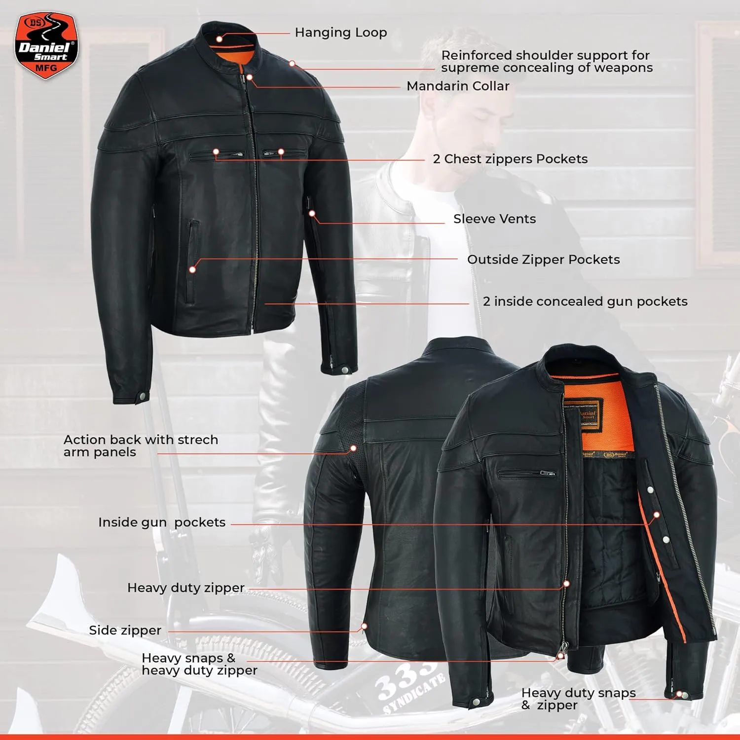 Daniel Smart Leather Motorcycle Jacket Men Sporty Black Leather Biker Jacket with Stripe Detailing and Multiple Carry Pockets