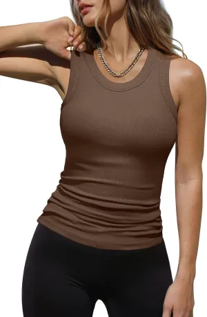 Dokotoo Womens Ladies Ribbed Thick Strap Racerback Tight Slim Fitted Sporty Workout Tank Tops