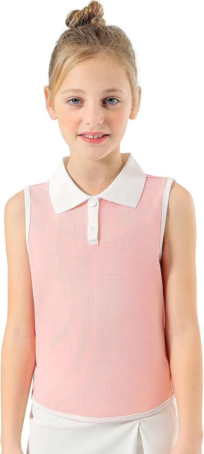 Girls Polo Shirt Sleeveless Golf Shirts Contrast Collared Button-Up Tennis T-Shirts Quick Dry Breathable Tank Tops