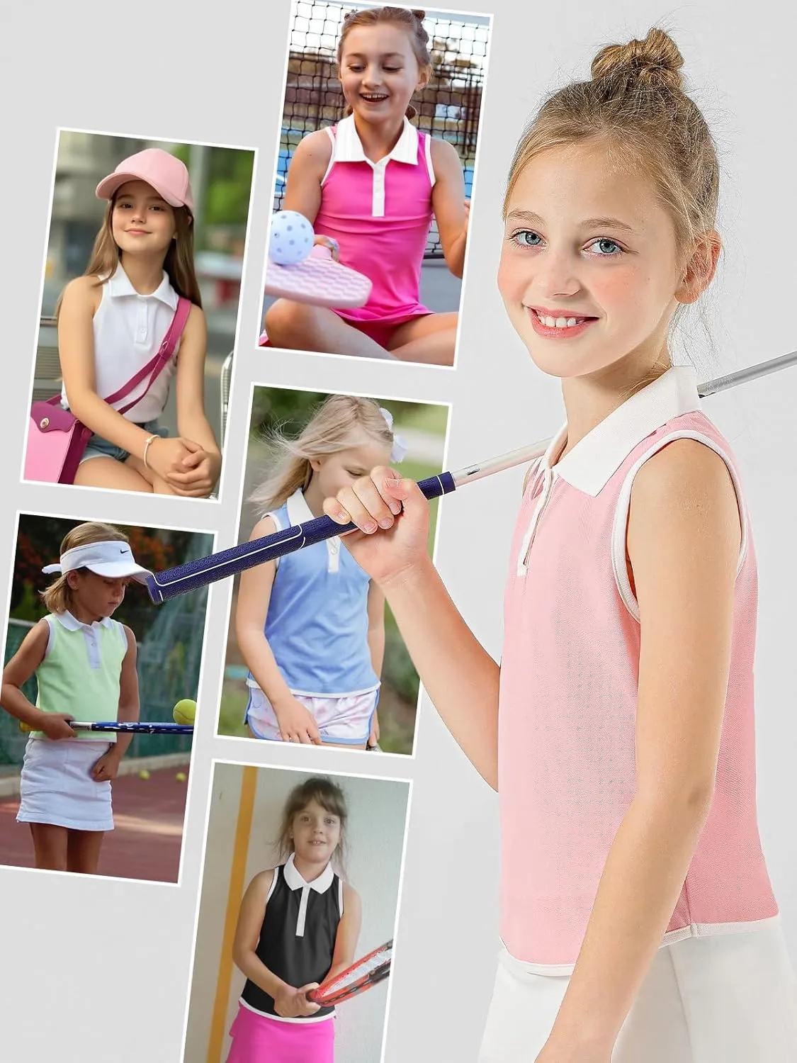 Girls Polo Shirt Sleeveless Golf Shirts Contrast Collared Button-Up Tennis T-Shirts Quick Dry Breathable Tank Tops