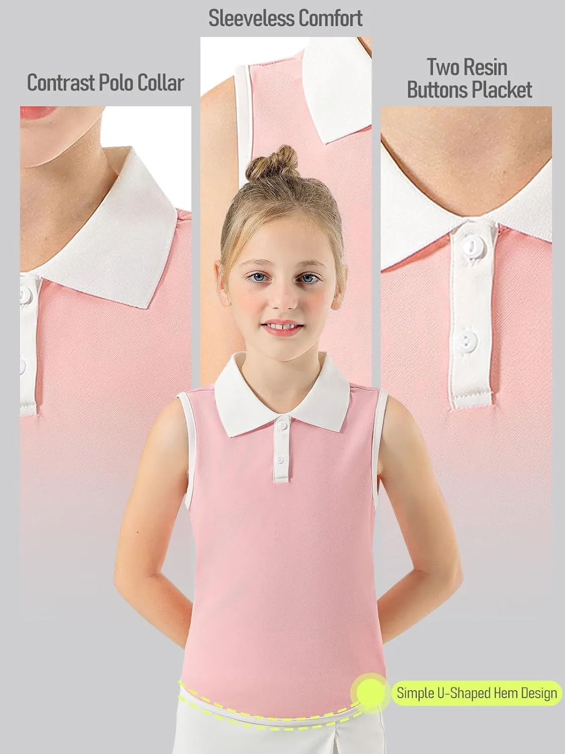 Girls Polo Shirt Sleeveless Golf Shirts Contrast Collared Button-Up Tennis T-Shirts Quick Dry Breathable Tank Tops