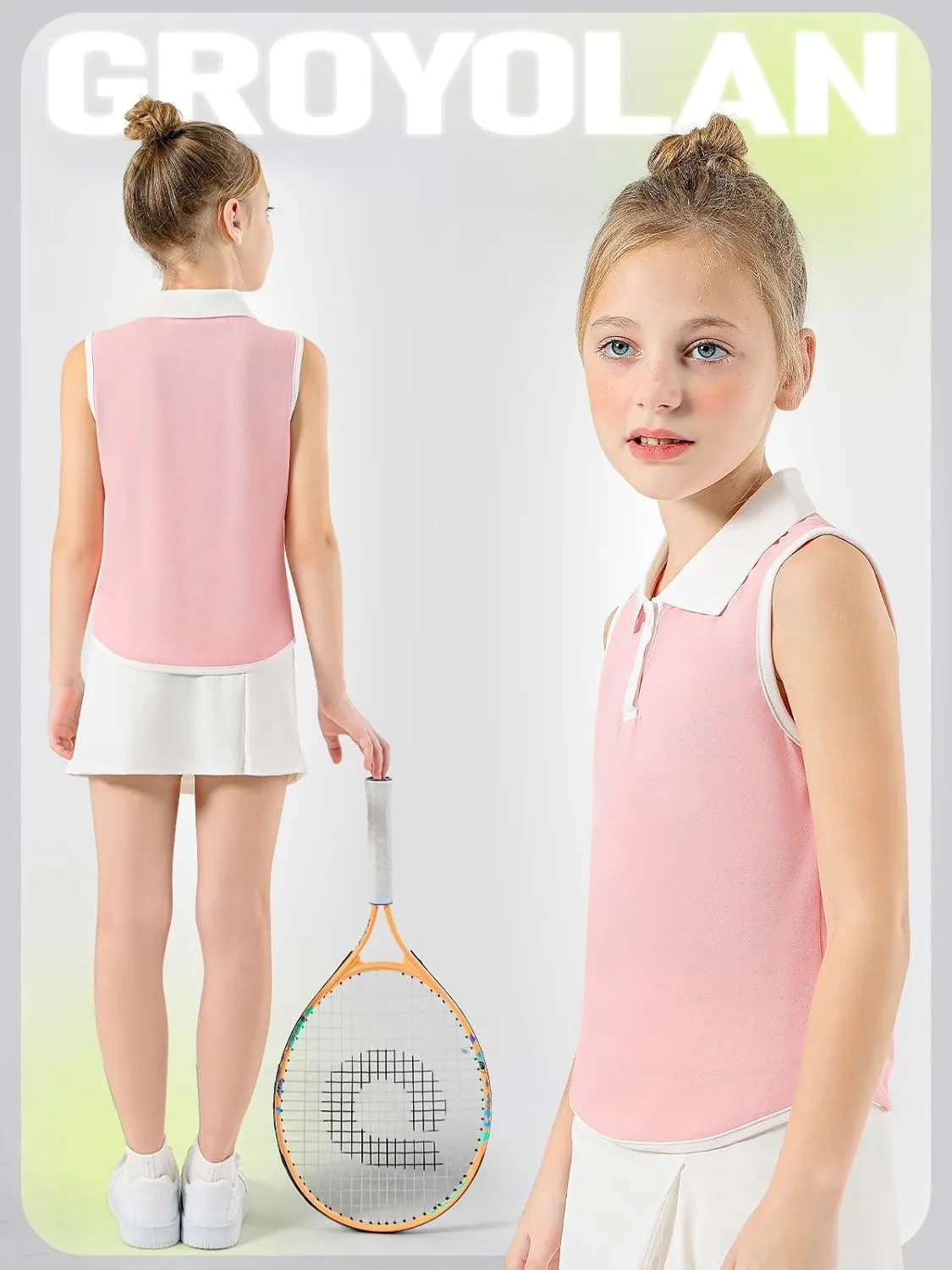 Girls Polo Shirt Sleeveless Golf Shirts Contrast Collared Button-Up Tennis T-Shirts Quick Dry Breathable Tank Tops