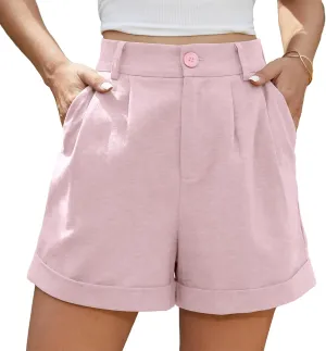 Jouica Womens Summer High Waist Linen Shorts Roll Up Pleated Zippered Wrap Hem Wide Leg Shorts with Pockets