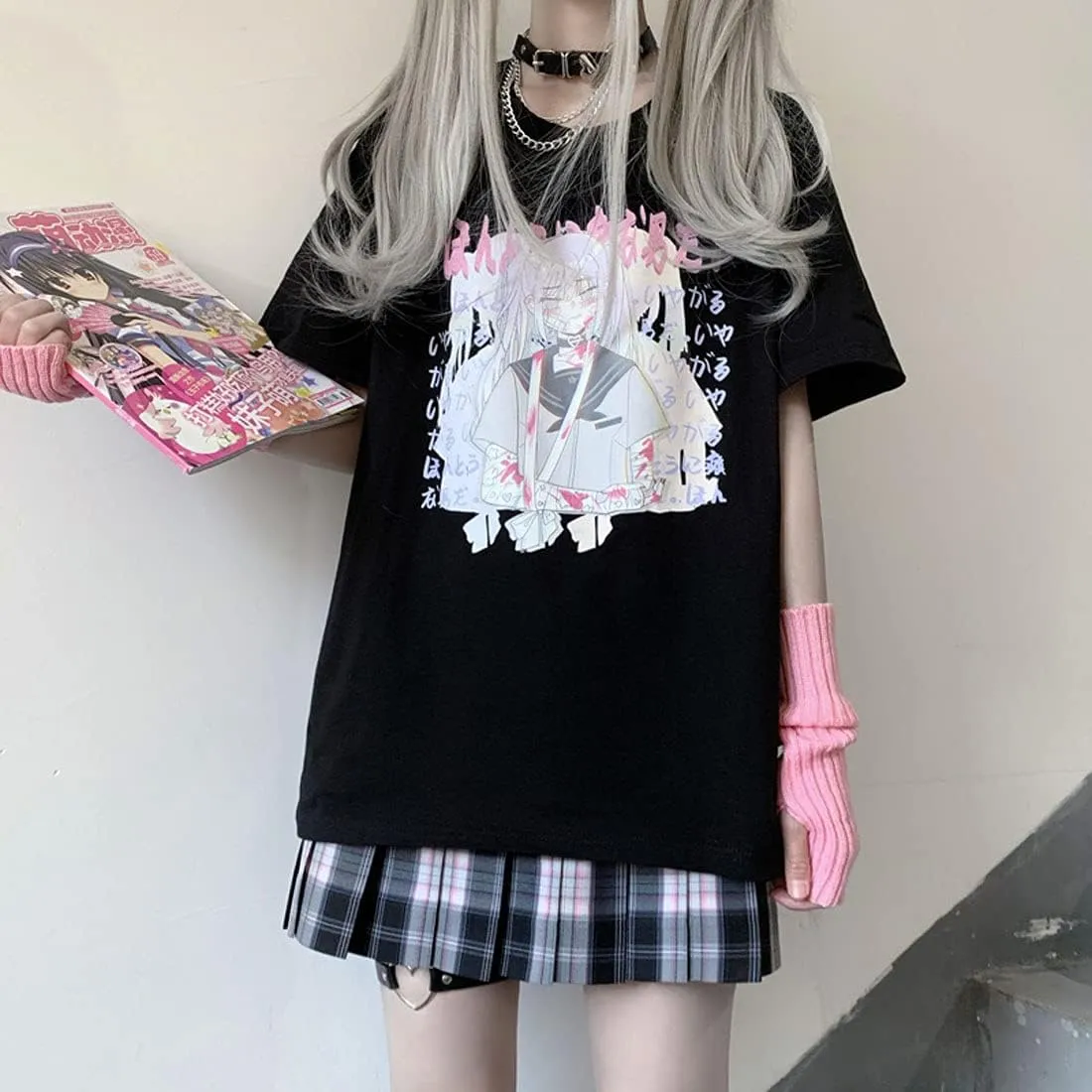 Kawaii Harajuku Fashion Pastel Goth Loose Crewneck Soft Japanese Style Cute Anime Girl Print T-Shirt
