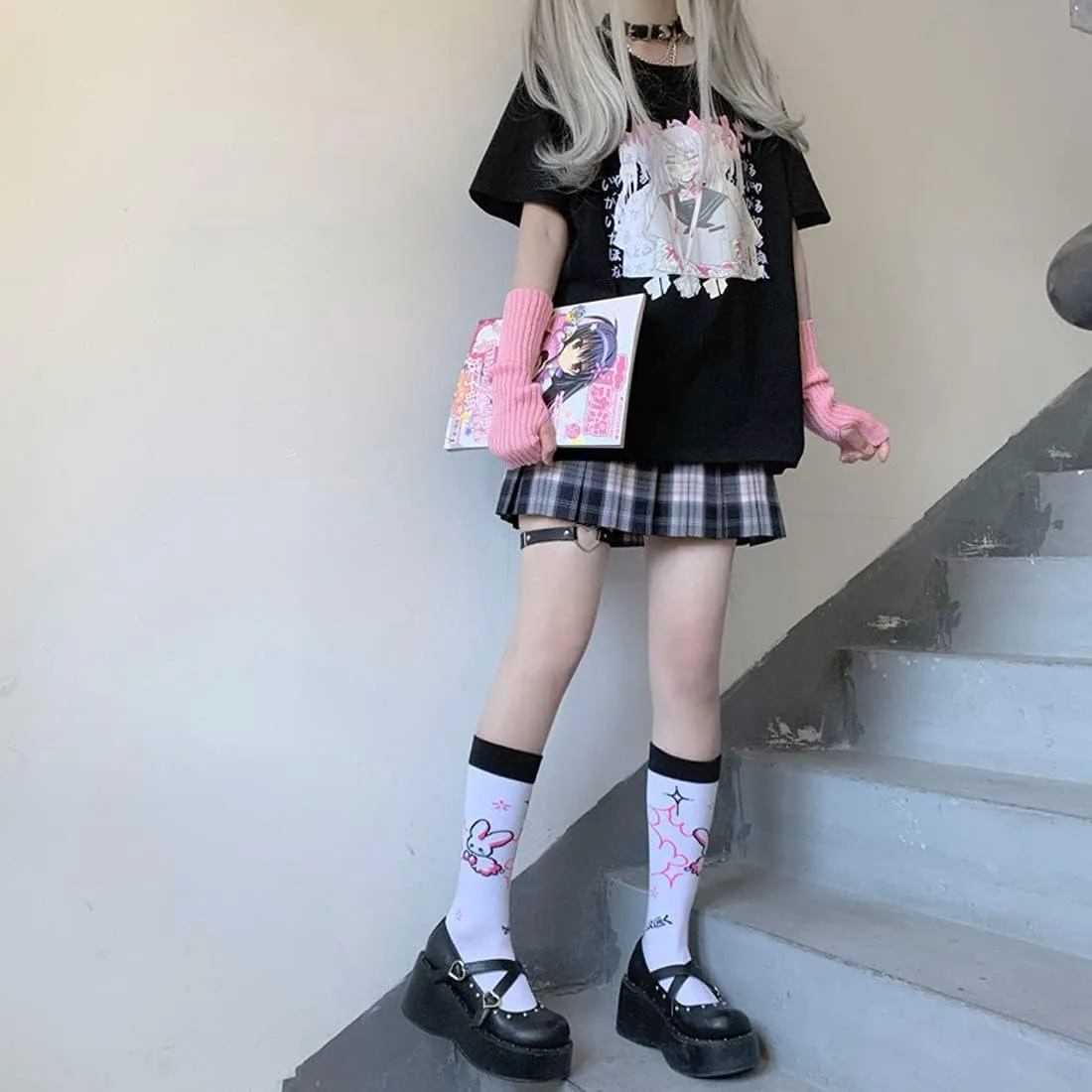 Kawaii Harajuku Fashion Pastel Goth Loose Crewneck Soft Japanese Style Cute Anime Girl Print T-Shirt