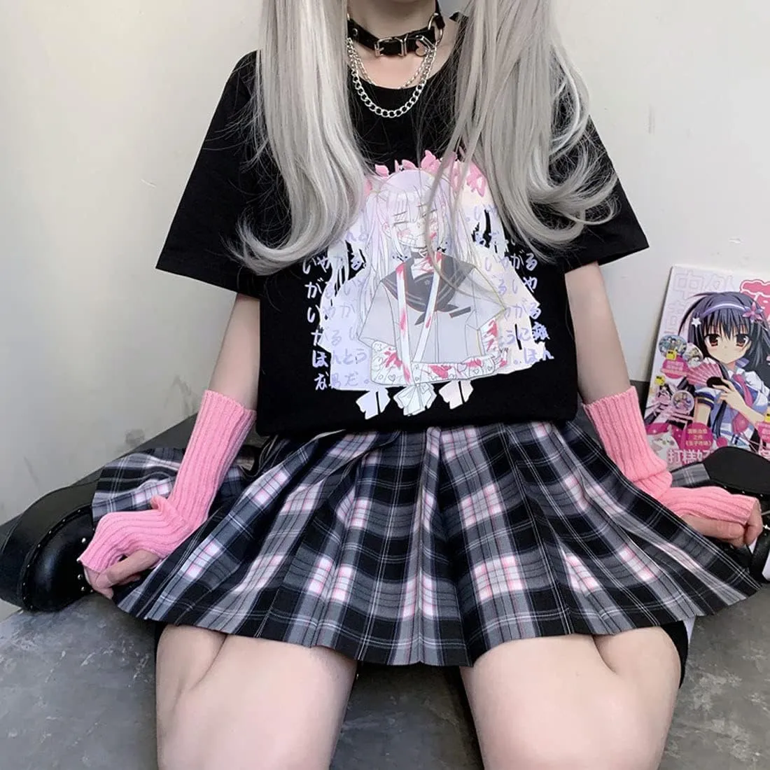 Kawaii Harajuku Fashion Pastel Goth Loose Crewneck Soft Japanese Style Cute Anime Girl Print T-Shirt