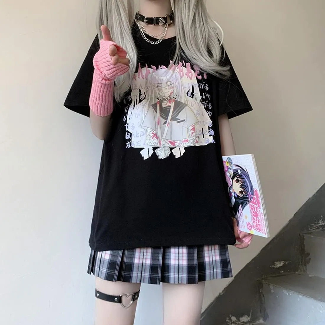Kawaii Harajuku Fashion Pastel Goth Loose Crewneck Soft Japanese Style Cute Anime Girl Print T-Shirt