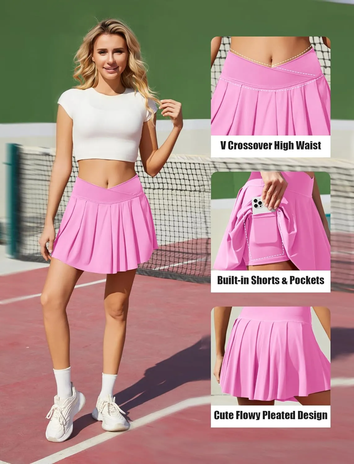 keriffe Womens Tennis Skirt Crossover Pleated Athletic Skirts Shorts with Pockets High Waisted Golf Running Workout Skort