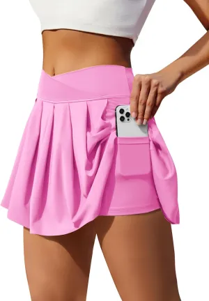 keriffe Womens Tennis Skirt Crossover Pleated Athletic Skirts Shorts with Pockets High Waisted Golf Running Workout Skort