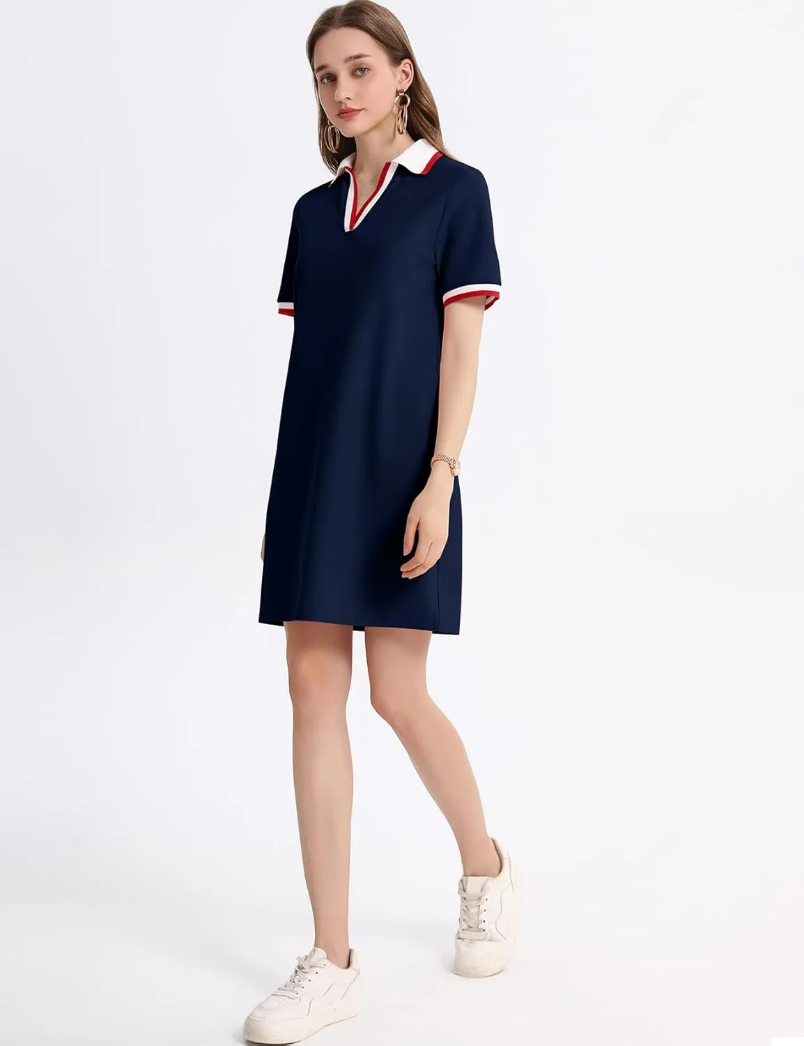Kissonic Polo Dress for Women V Neck Short Sleeve Flowy Contrast Color Golf Tennis A Line T Shirt Dresses