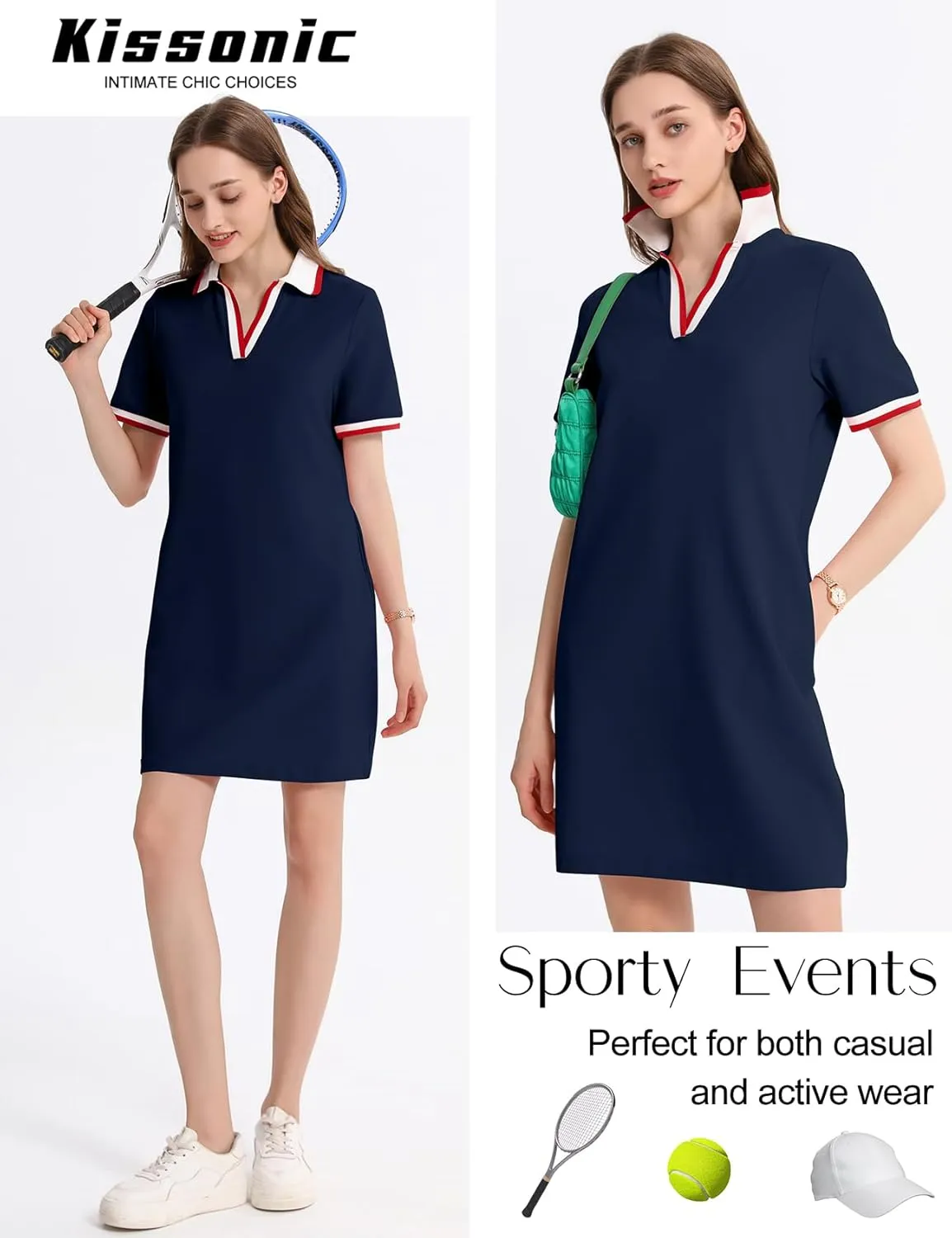 Kissonic Polo Dress for Women V Neck Short Sleeve Flowy Contrast Color Golf Tennis A Line T Shirt Dresses