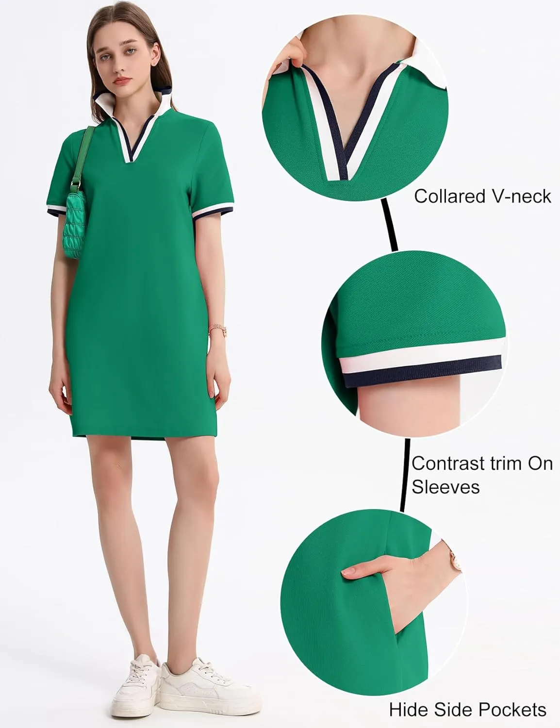 Kissonic Polo Dress for Women V Neck Short Sleeve Flowy Contrast Color Golf Tennis A Line T Shirt Dresses