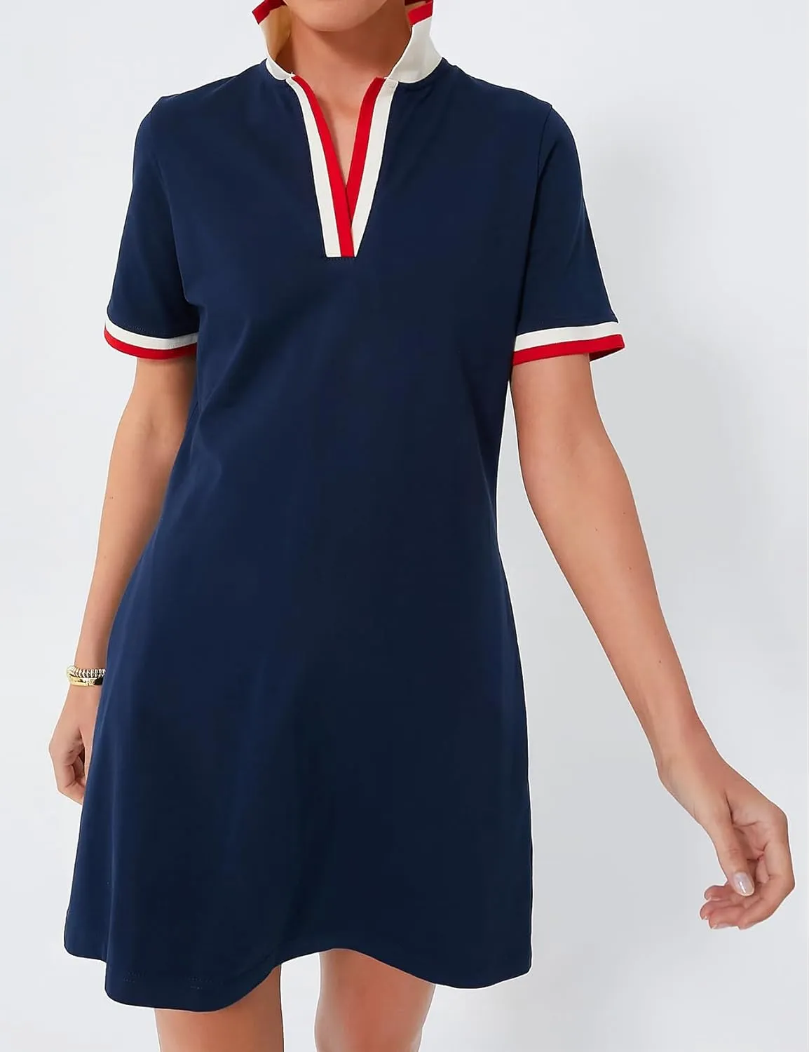 Kissonic Polo Dress for Women V Neck Short Sleeve Flowy Contrast Color Golf Tennis A Line T Shirt Dresses