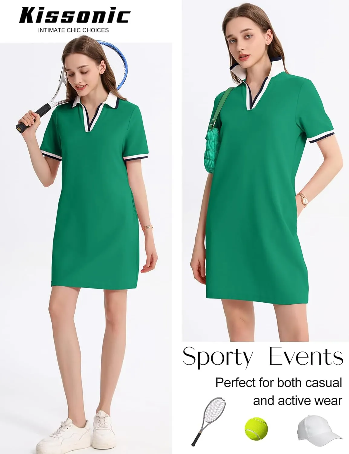 Kissonic Polo Dress for Women V Neck Short Sleeve Flowy Contrast Color Golf Tennis A Line T Shirt Dresses