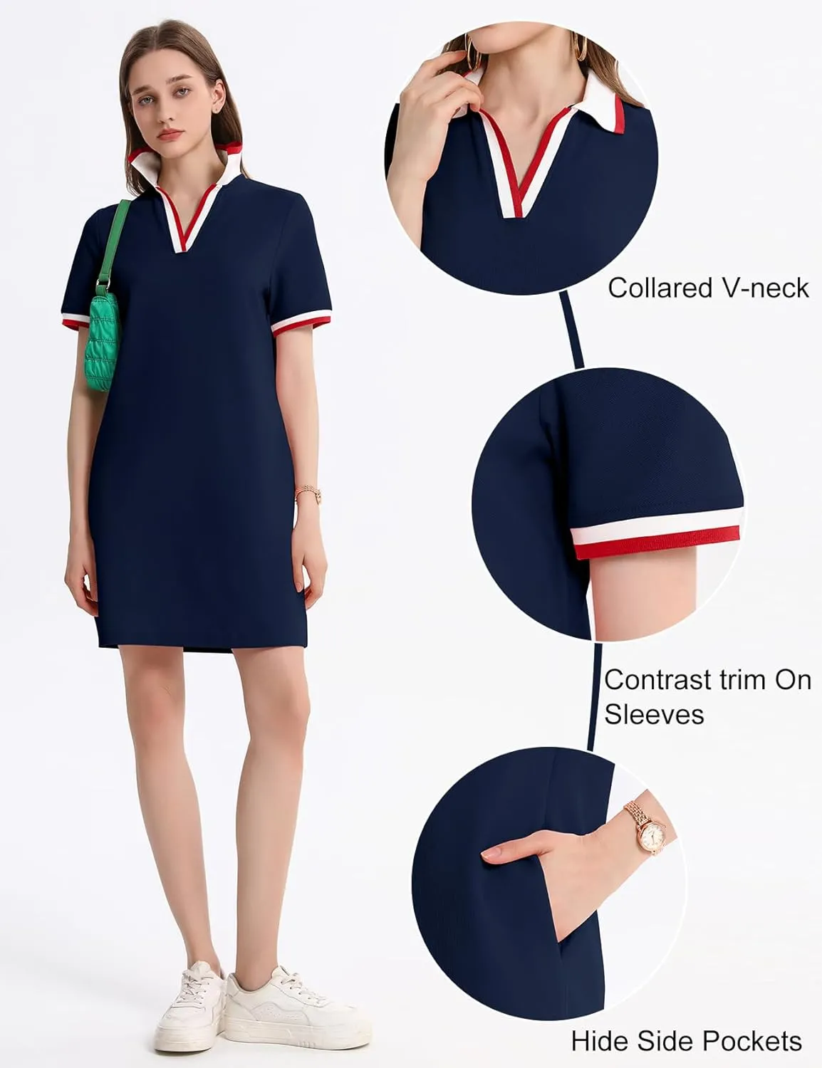 Kissonic Polo Dress for Women V Neck Short Sleeve Flowy Contrast Color Golf Tennis A Line T Shirt Dresses