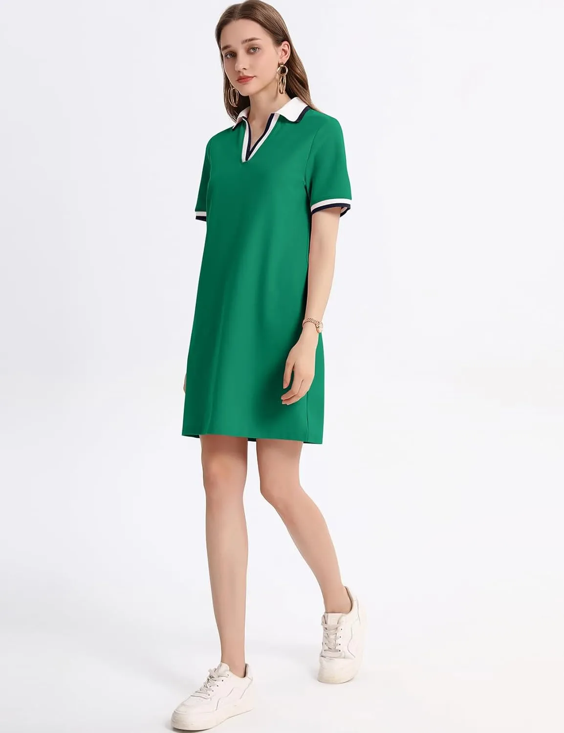 Kissonic Polo Dress for Women V Neck Short Sleeve Flowy Contrast Color Golf Tennis A Line T Shirt Dresses