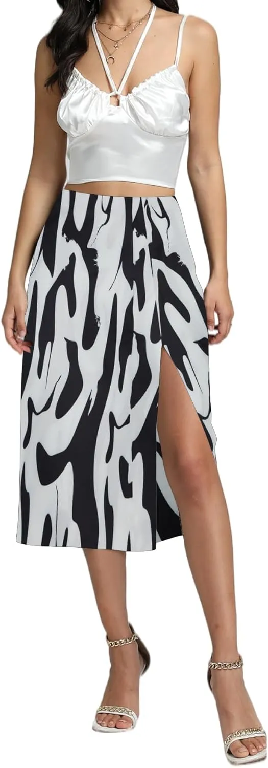 LYANER Women's Casual Boho Printed High Waist Side Split Hem Zipper Midi Skirt