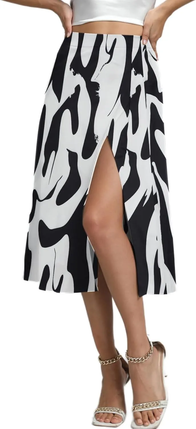 LYANER Women's Casual Boho Printed High Waist Side Split Hem Zipper Midi Skirt