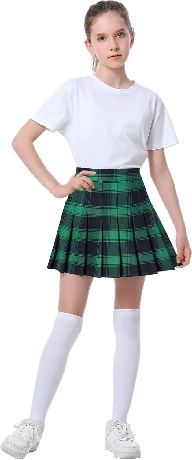 SANGTREE Women Girls Pleated Skirts with Shorts, Elastic Waist Uniform Plus Size Tennis Casual Skirt, 2 Years - US 4XL