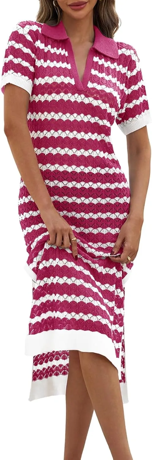 Saodimallsu Womens Striped Summer Dresses V Neck Collared Short Sleeve Loose Knit Slit Midi Sweater Dress