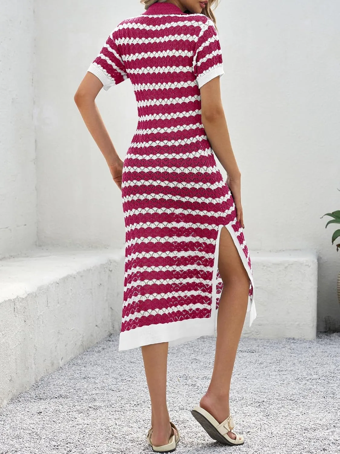 Saodimallsu Womens Striped Summer Dresses V Neck Collared Short Sleeve Loose Knit Slit Midi Sweater Dress