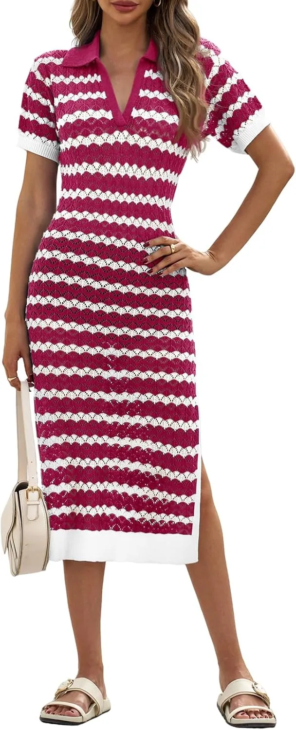 Saodimallsu Womens Striped Summer Dresses V Neck Collared Short Sleeve Loose Knit Slit Midi Sweater Dress