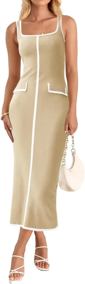 Saodimallsu Womens Summer Sleeveless Midi Dress Square Neck Knit Cocktail Bodycon Color Block Tank Dresses