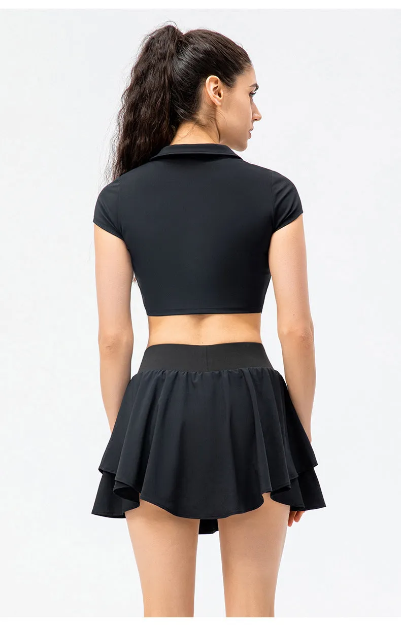 Spring Summer Women Tennis Skirt Set Nude Feel Skin-Friendly Sports Short-Sleeved Top Loose Running Short Skirt False-Two-Piece Skirted Leggings