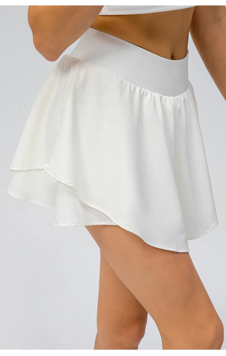Spring Summer Women Tennis Skirt Set Nude Feel Skin-Friendly Sports Short-Sleeved Top Loose Running Short Skirt False-Two-Piece Skirted Leggings
