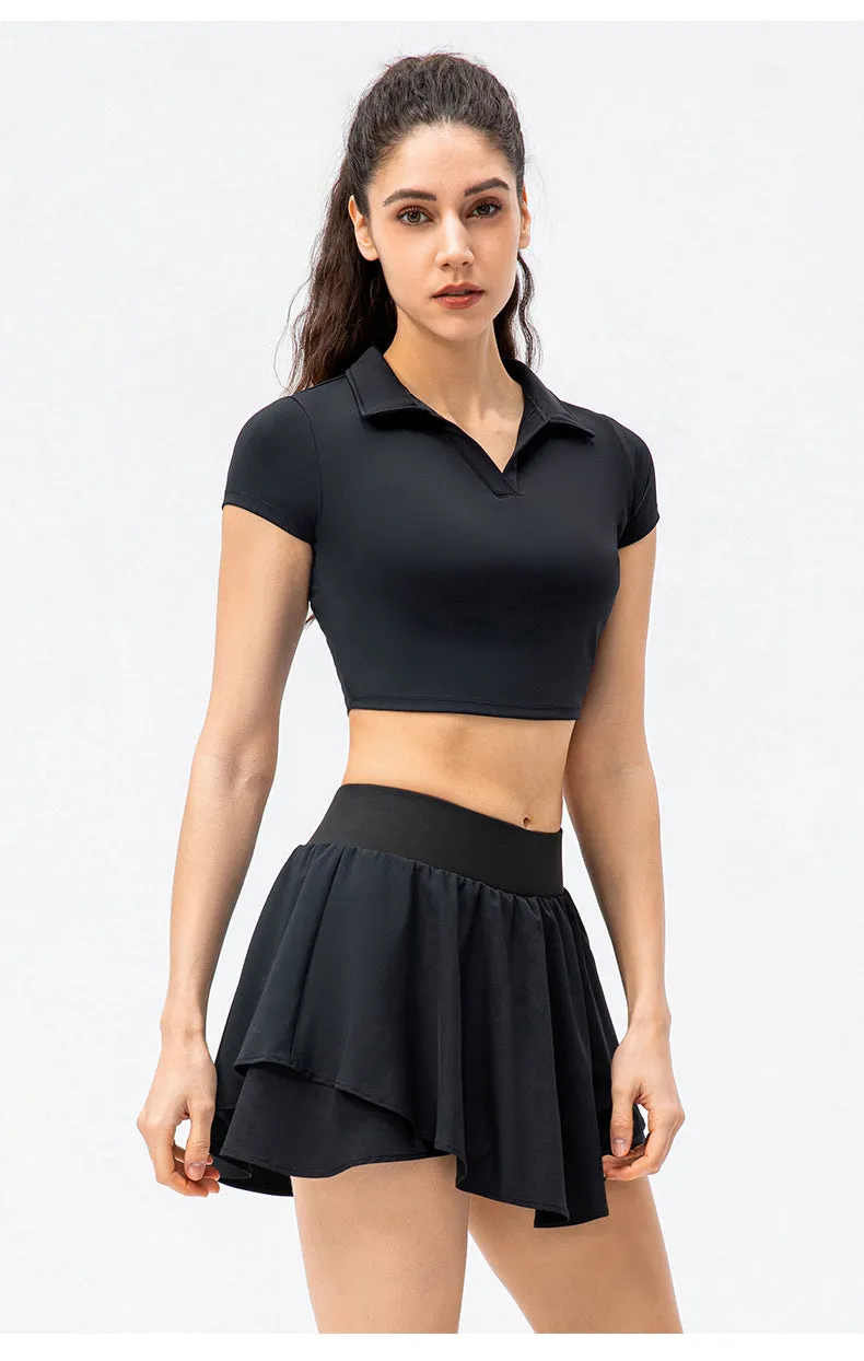 Spring Summer Women Tennis Skirt Set Nude Feel Skin-Friendly Sports Short-Sleeved Top Loose Running Short Skirt False-Two-Piece Skirted Leggings
