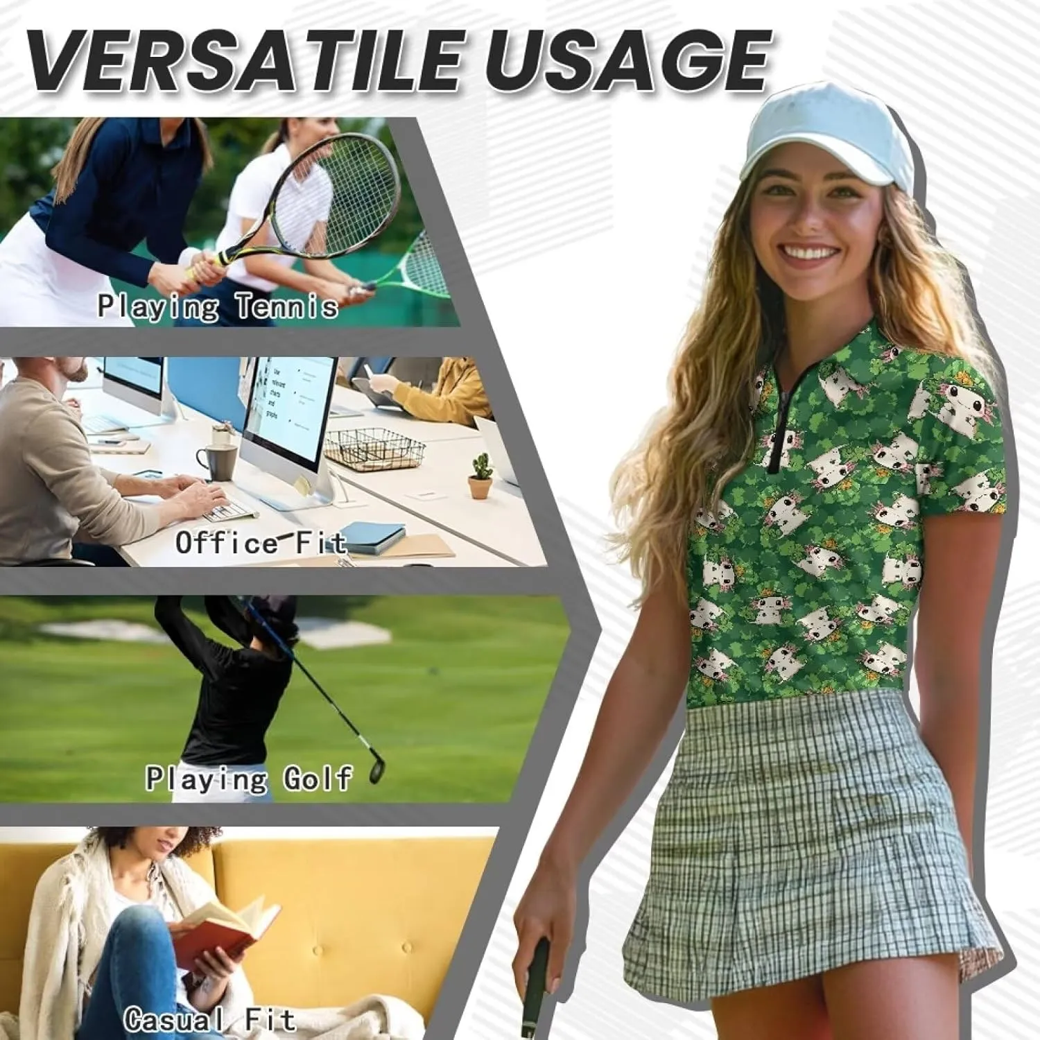 Suobstales Women's Golf Shirt Short Sleeve with Zip Up Quick Dry Stretch Tennis Collared Polo Shirts Golf Clothes for Women