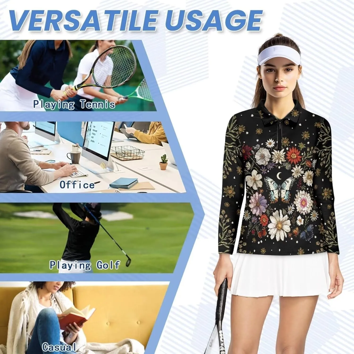 Suobstales Women's Polo Shirts Long Sleeve Golf T Shirt Quick Dry UPF 50  Sun Protection Lightweight Athletic Tennis Shirts