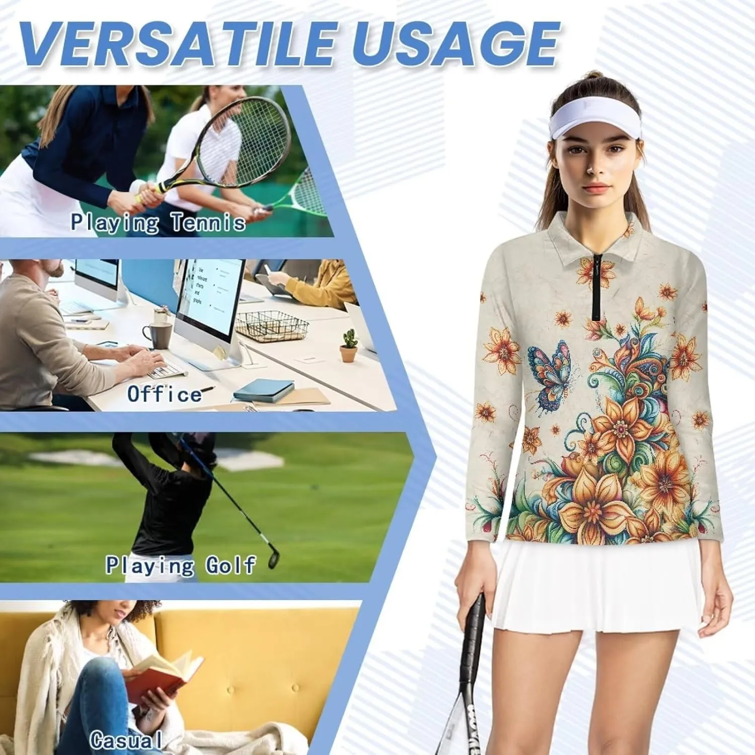 Suobstales Women's Polo Shirts Long Sleeve Golf T Shirt Quick Dry UPF 50  Sun Protection Lightweight Athletic Tennis Shirts