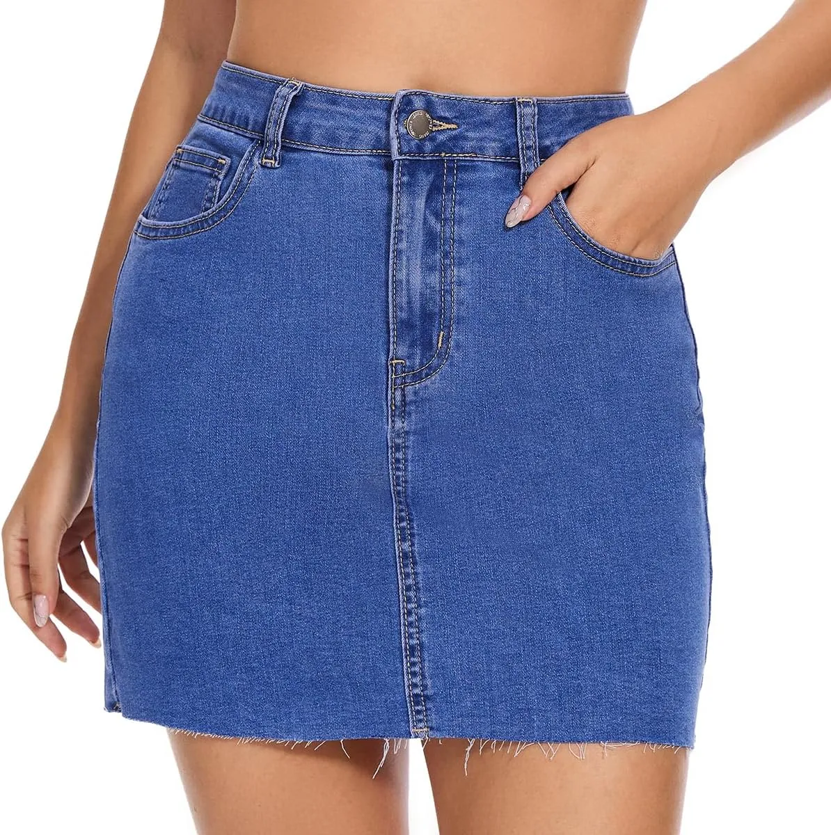 VIPONES Women Denim Skirt High Waist Raw Hem Stretch Ripped Casual Mini Jean Skirts