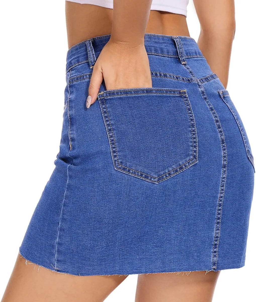 VIPONES Women Denim Skirt High Waist Raw Hem Stretch Ripped Casual Mini Jean Skirts