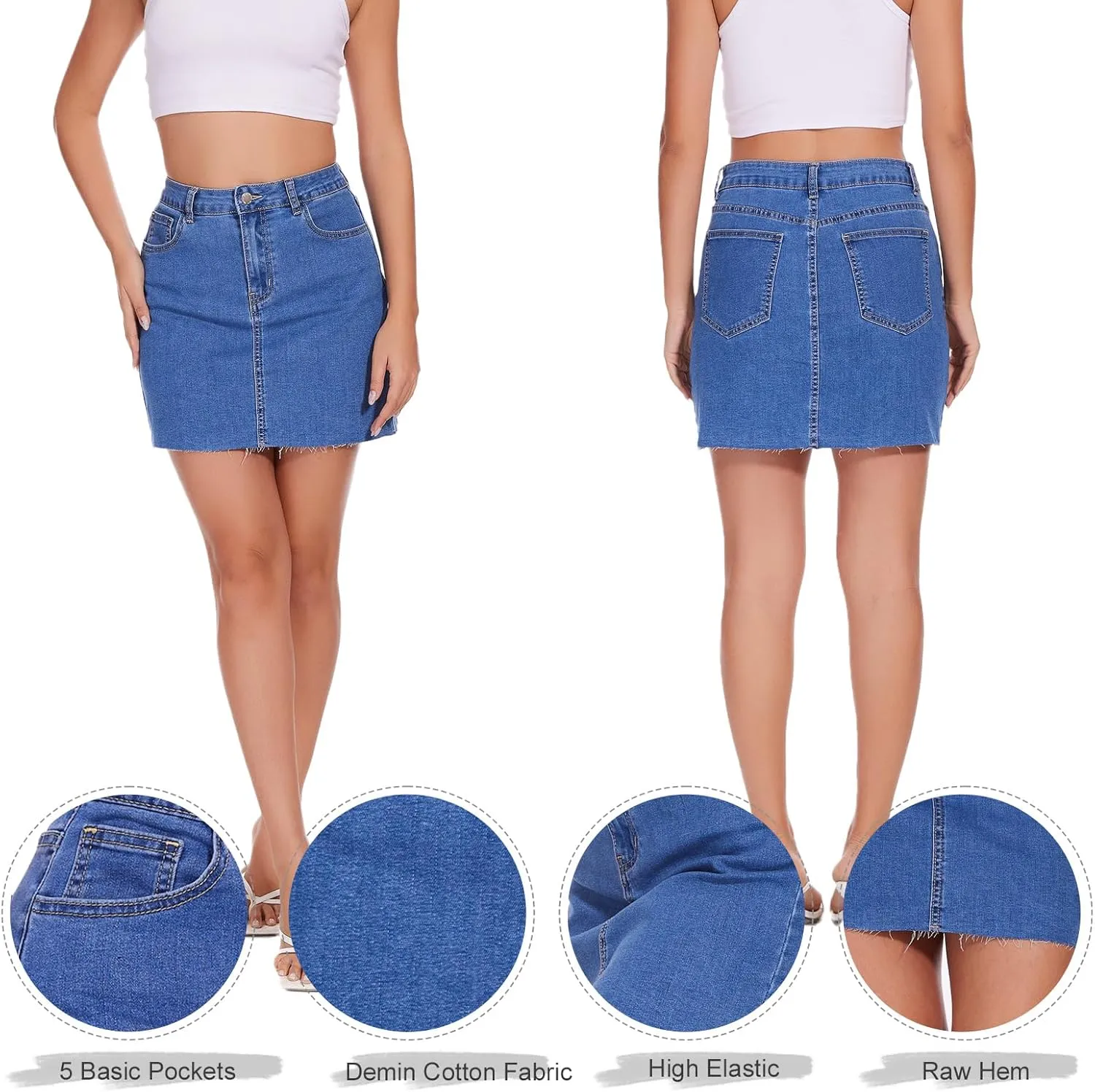VIPONES Women Denim Skirt High Waist Raw Hem Stretch Ripped Casual Mini Jean Skirts