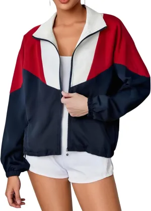 WDIRARA Women's Color Block Zip Up Lightweight Jacket Patchwork Sporty Windbreaker Jacket