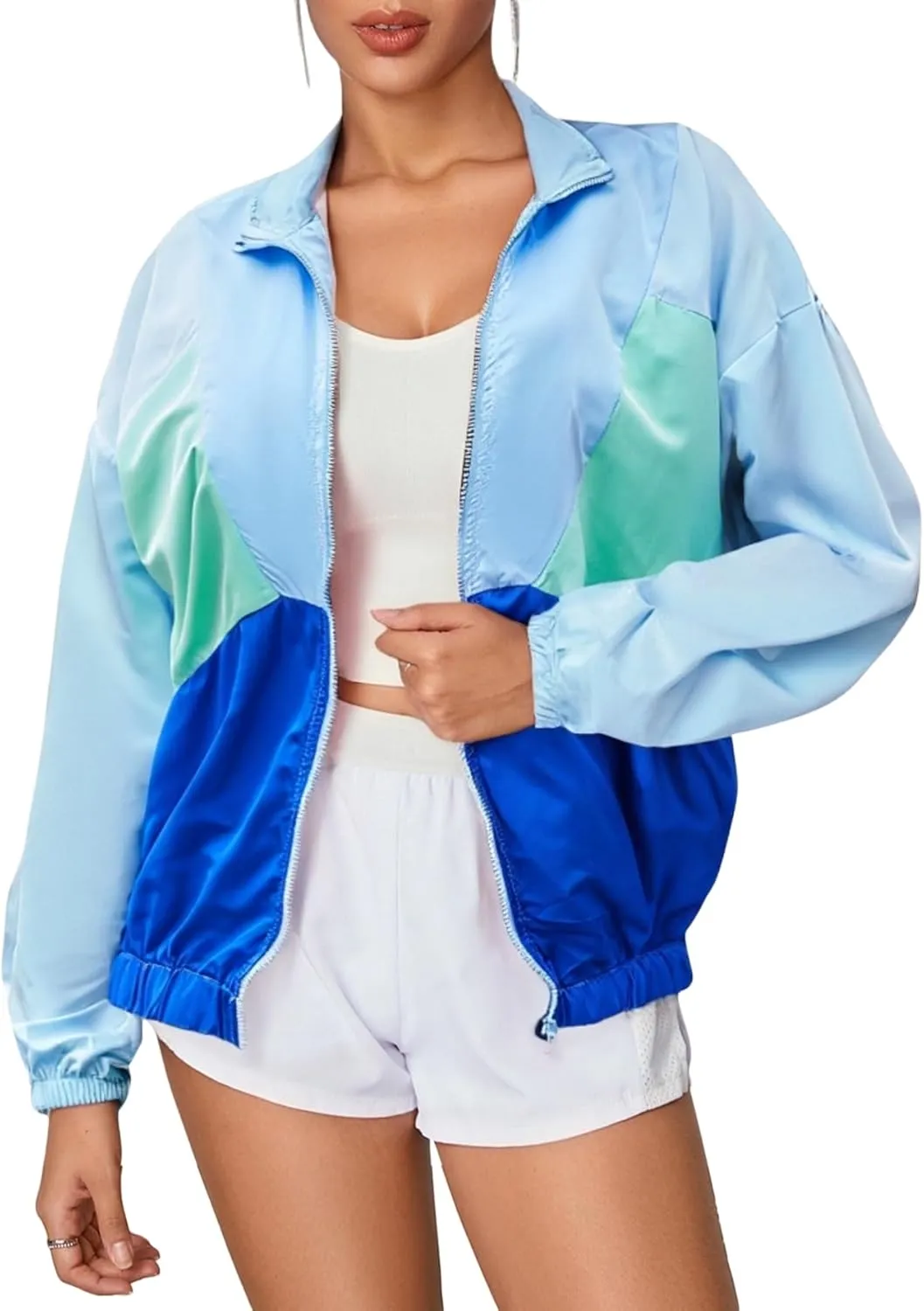 WDIRARA Women's Color Block Zip Up Lightweight Jacket Patchwork Sporty Windbreaker Jacket