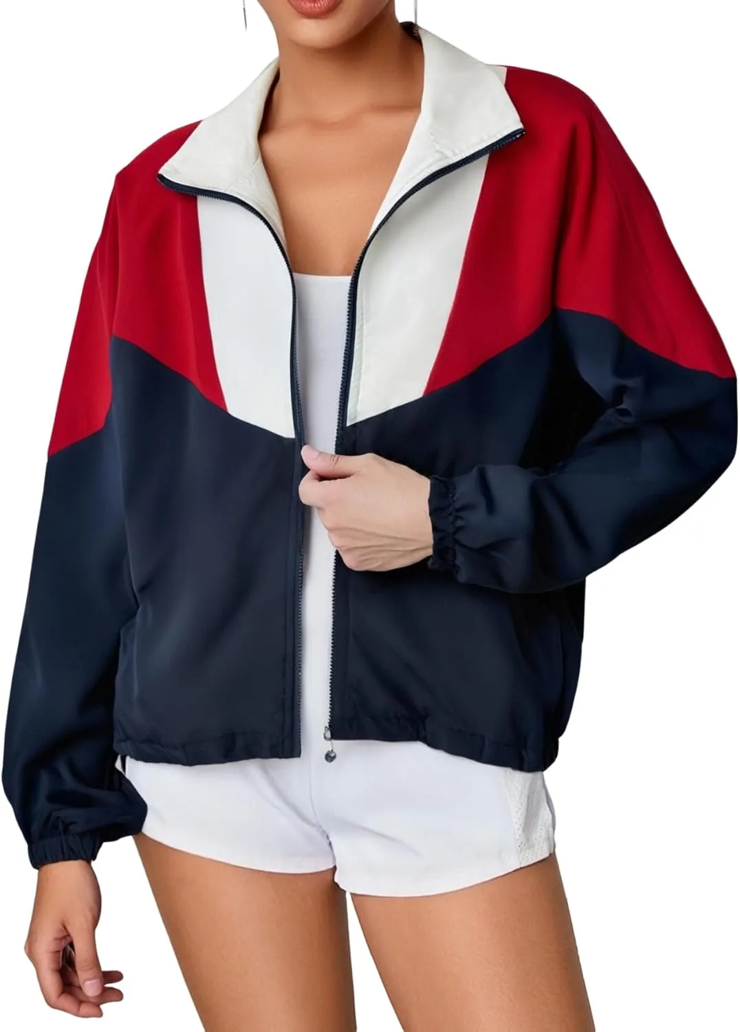WDIRARA Women's Color Block Zip Up Lightweight Jacket Patchwork Sporty Windbreaker Jacket